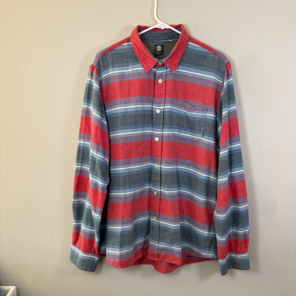 Element Men's Long Sleeve Striped Button Up Shirt Red Blue Gray Casual Size L